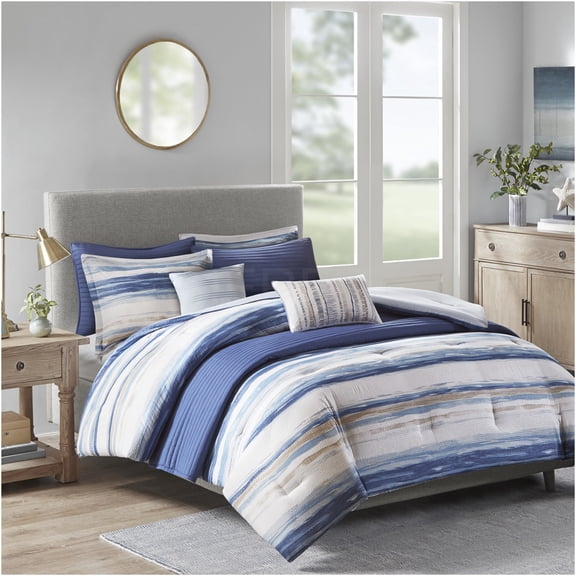 JERFIT Blue Seersucker 8-Piece Comforter & Quilt Set, Full/Queen, Watercolor Stripe Bedding Collection, Hypoallergenic, Machine Washable