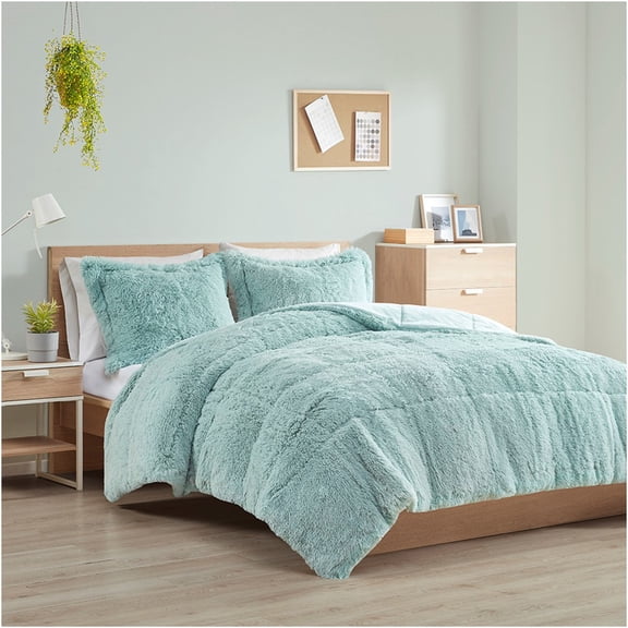 JERFIT Blue Shaggy Faux Fur Full Queen Comforter Mini Bedding Set for Bedroom Refresh