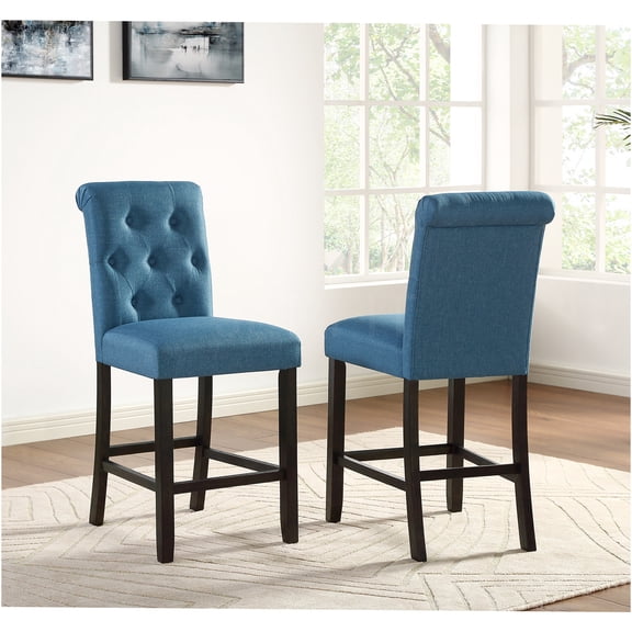 JERFIT Blue Upholstered Counter Height Bar Stools Set of 2, Tufted Back Kitchen Dining Chair with Wood Legs