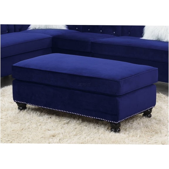 JERFIT Blue Velvet Cocktail Ottoman with Chrome Studded Trim and Wooden Legs for Living Room