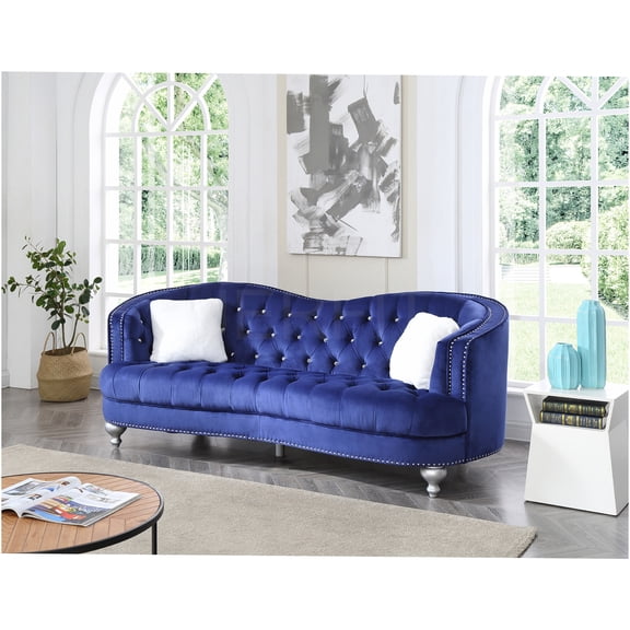 JERFIT Blue Velvet Sofa 3 Seater with Tufted Back and Nailhead Trim, Mid-Century Modern Loveseat Couch with Pillows for Living Room