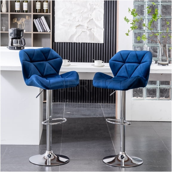 JERFIT Blue Velvet Swivel Bar Stools Set of 2, Adjustable Height PU Leather Dining Counter Stools with Diamond Tufted Back and Footrest