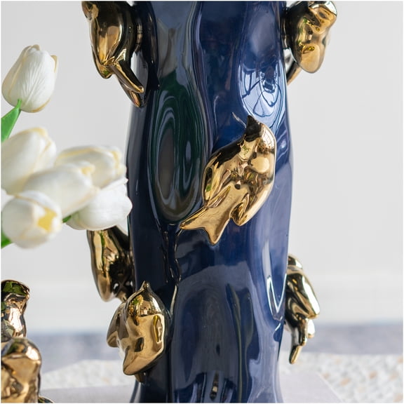 JERFIT Blue and Gold Ceramic Vase with Bird Accents, Tree Branch Design Planter for Home Decor, Centerpiece for Dining Room, Living Room, Kitchen