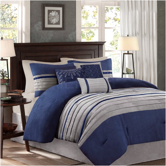 JERFIT Blue and Grey Faux Suede Comforter Set, 7-Piece King Size Bedding Set with Embroidered Pillows