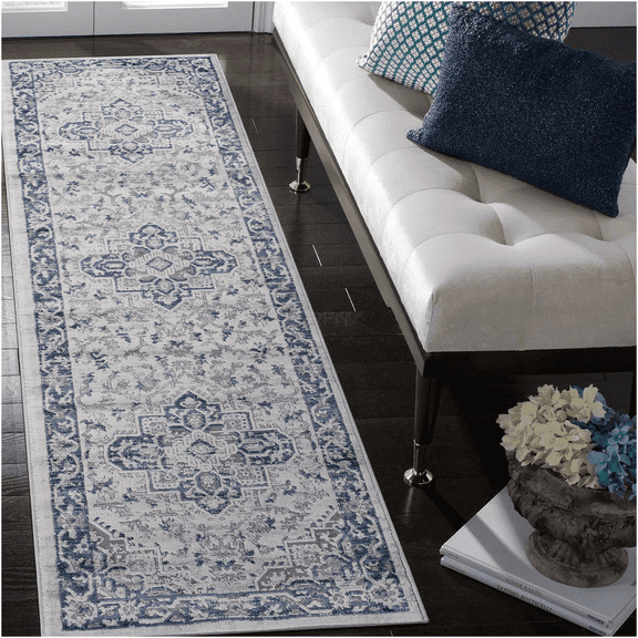 JERFIT Blue and Grey Polyester Oriental Runner Rug 96 x 26 Inch Modern Contemporary Floor Accent for Living Room Bedroom