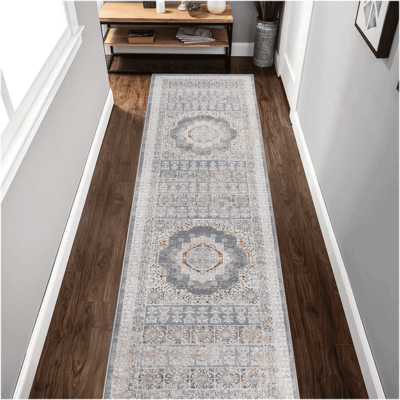 JERFIT Blue and Ivory Medallion Runner Rug 26 x 96 Inch Modern Contemporary Polypropylene Floor Accent
