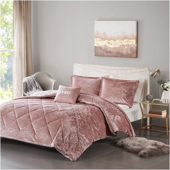 JERFIT Blush Crushed Velvet Comforter Set Queen Full, Diamond Quilted Bedding Set with 2 Shams & Decorative Pillow, Hypoallergenic Polyester, Machine Washable