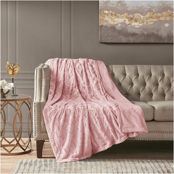 JERFIT Blush Faux Fur Throw Blanket 90x90 Inches, Ultra Soft Reversible Plush Fuzzy Blanket for Couch Bed