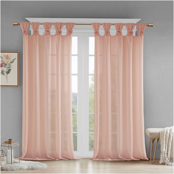 JERFIT Blush Faux Linen Curtain Panel with Floral Applique, 50x84 Inch Shabby Chic Semi-Sheer Tab Top Window Treatment for Living Room Bedroom