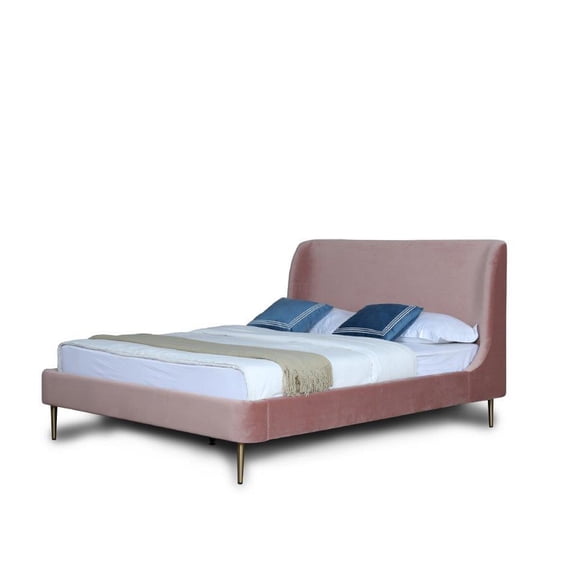 JERFIT Blush Gold Velvet Upholstered Full Size Bed Frame with Curved Headboard, No Box Spring Needed, Modern Platform Bed with Metal Legs