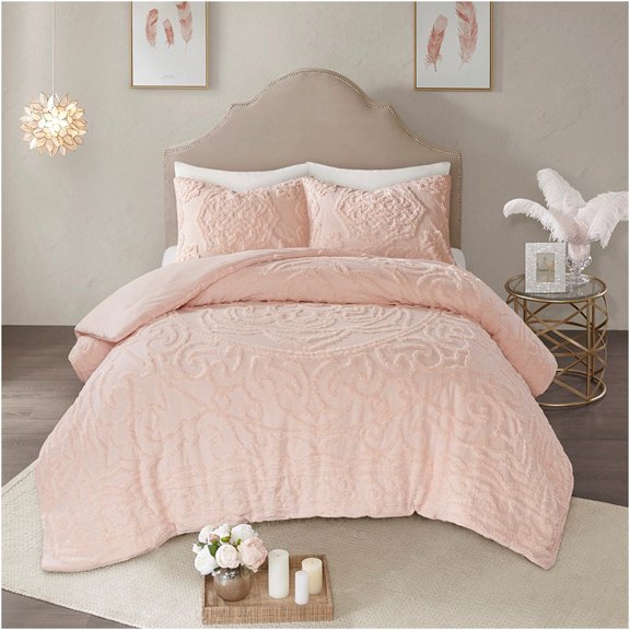 JERFIT Blush King Chenille Comforter Set, 3-Piece Tufted Medallion Bedding, All-Season Cotton Luxury