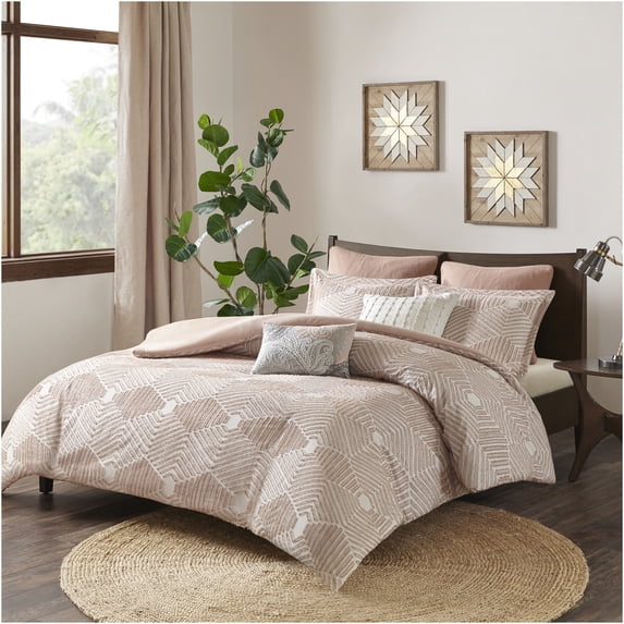 JERFIT Blush King Jacquard Comforter Set, Geometric Pattern 100% Cotton Bedding Set with 2 Shams, Reversible Farmhouse Style