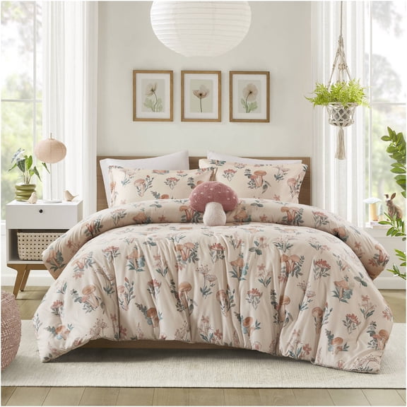 JERFIT Blush Multi Microfiber Full Queen Mushroom Garden Bedding Comforter Set