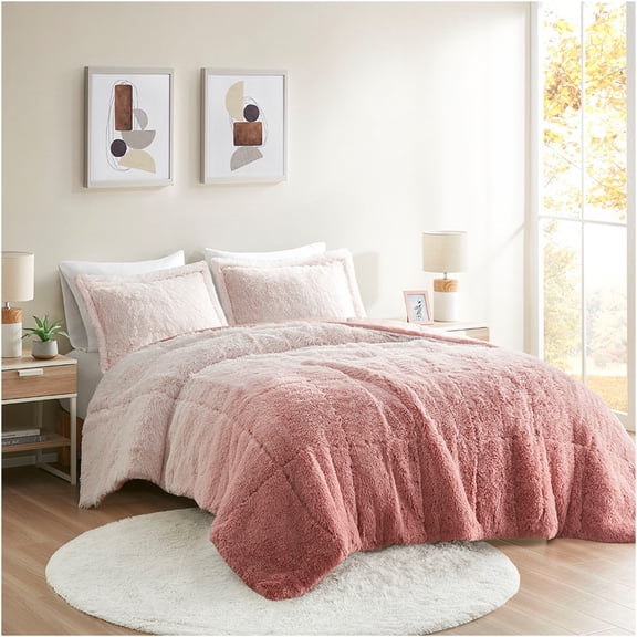 JERFIT Blush Ombre Faux Fur Comforter Set King Size, Shaggy Plush Bedding Set with 2 Pillow Shams, Hypoallergenic & Machine Washable