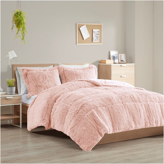 JERFIT Blush Twin XL Faux Fur Comforter Set with Shams, Ultra Soft Shaggy Bedding, Hypoallergenic & OEKO-TEX Certified, Machine Washable