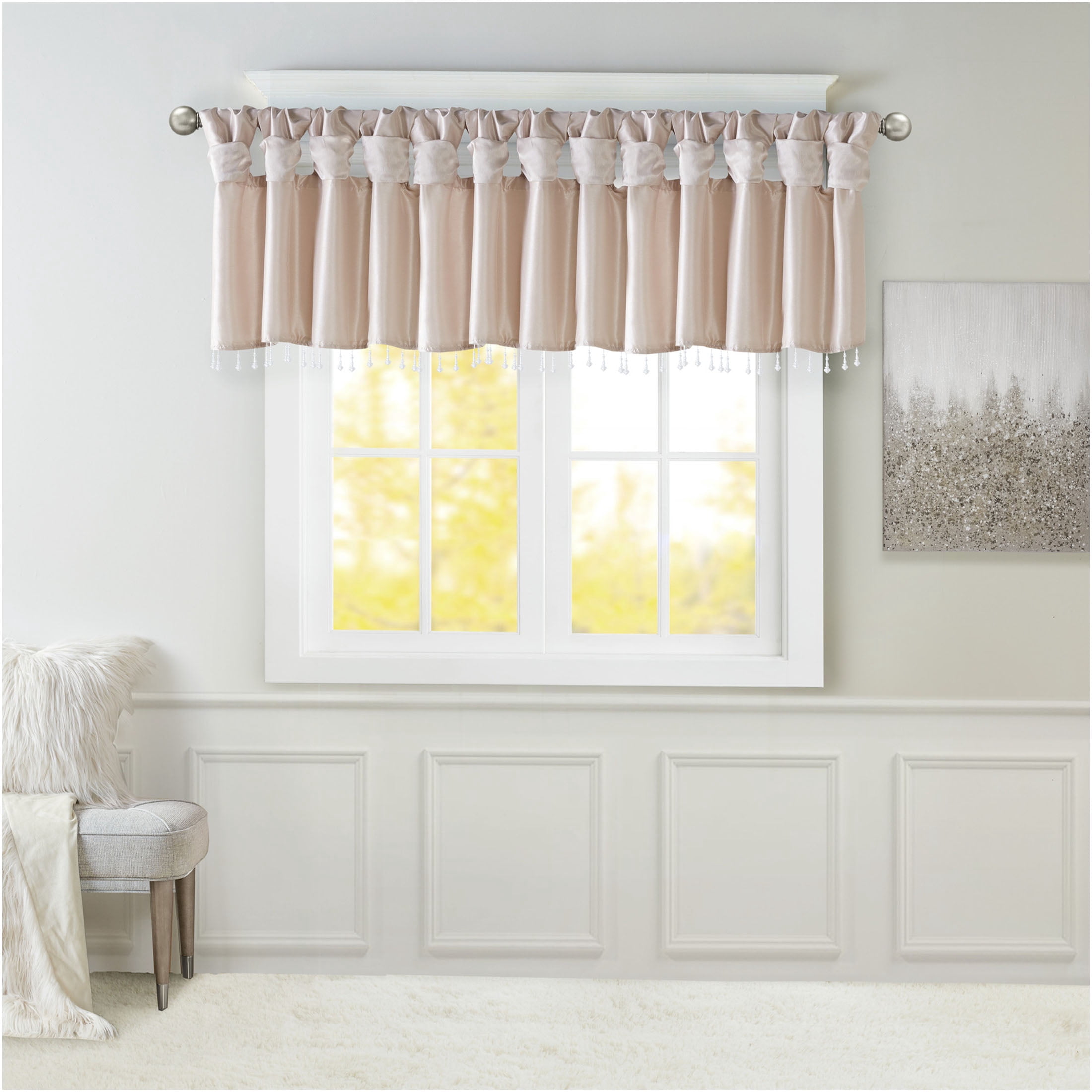 JERFIT Blush Window Valance with Beaded Trim, 50x26 Inch Faux Silk Curtain Valance for Living Room, Lightweight Lined Valances with Tab Top for Easy Hanging