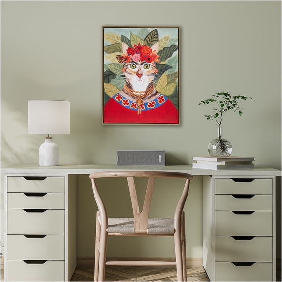 JERFIT Bohemian Floral Cat Canvas Wall Art for Living Room, 16x20 Inch Framed Forest Portrait with Golden Frame, Ready to Hang