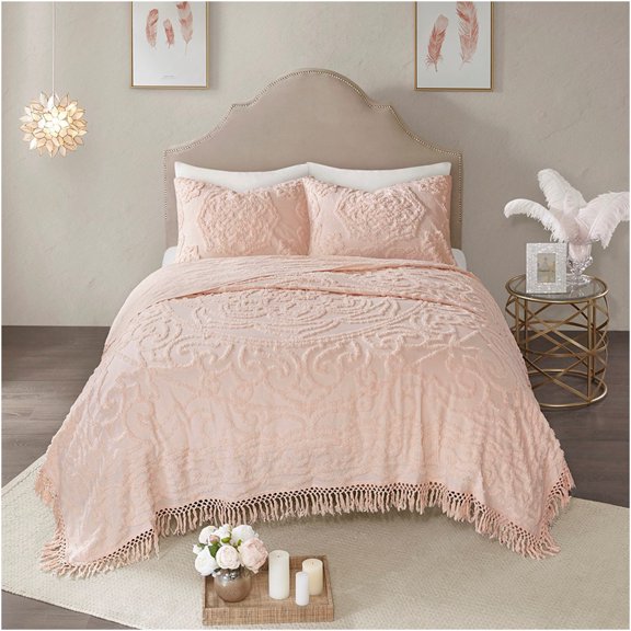 JERFIT Boho Chic King Size Coverlet Set, Blush Pink Cotton Chenille Bedspread with Medallion Tufting and Fringe Trim