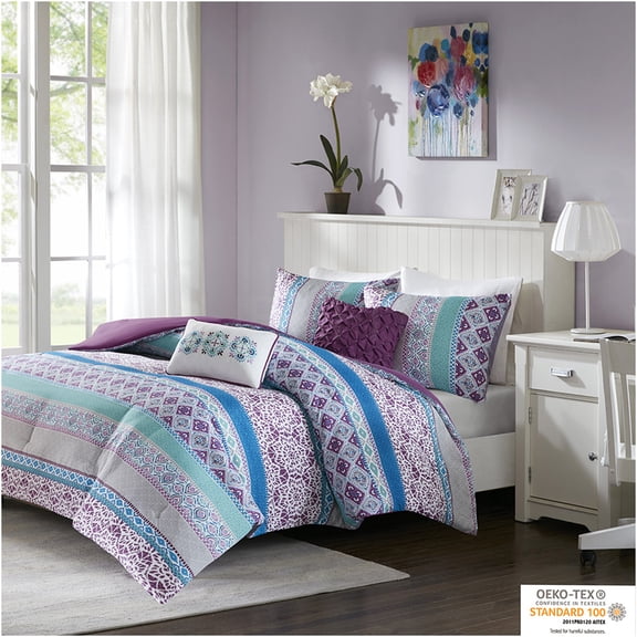 JERFIT Boho Chic Purple Comforter Set with Decorative Pillows, Microfiber Bedding Set, Hypoallergenic & Antimicrobial, OEKO-TEX Certified, Machine Washable, Full/Queen Size