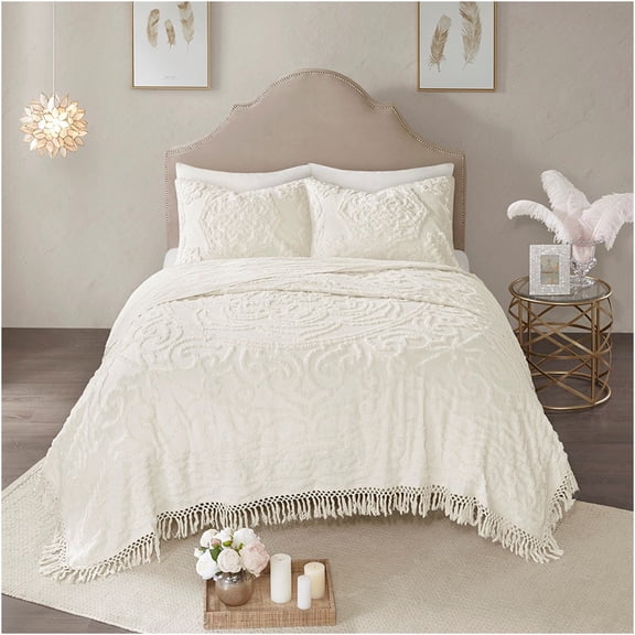 JERFIT Boho Chic Tufted Cotton Chenille Coverlet & Sham Set, Off-White Bedspread for Full/Queen, Decorative Fringe, All-Season Lightweight Bedding