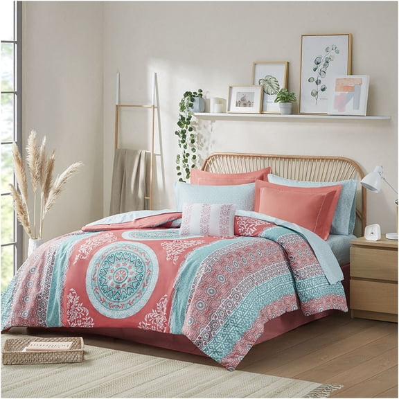 JERFIT Boho Chic Twin XL Comforter Set with Sheets, Coral Floral Bedding Set, Microfiber, OEKO-TEX Certified