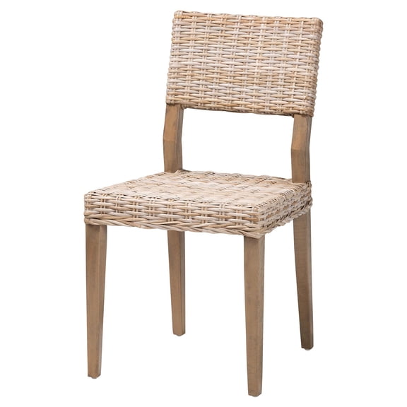 JERFIT Boho Dining Chair, Gray Rattan and Mahogany Wood Accent Chair with Slanted Back, Fully Assembled Modern Farmhouse Kitchen Side Chair