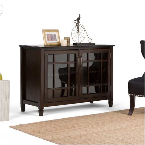 JERFIT British Colonial Style Low Storage Cabinet with Glass Doors, Dark Brown Wood Console for Living Room, Entryway, Bedroom