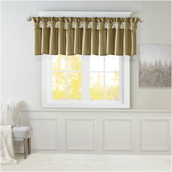 JERFIT Bronze Faux Silk Window Valance with Beaded Trim, 50x26 Inch Lightweight Valance Curtain for Living Room Bedroom