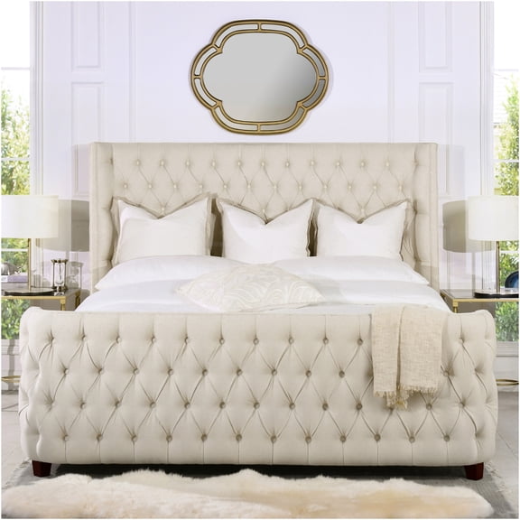 JERFIT Brooklyn King Bed Frame with Tufted Headboard Footboard, Beige Linen Upholstery, for Adjustable Beds, Box Spring Required (Wood Foam Construction)