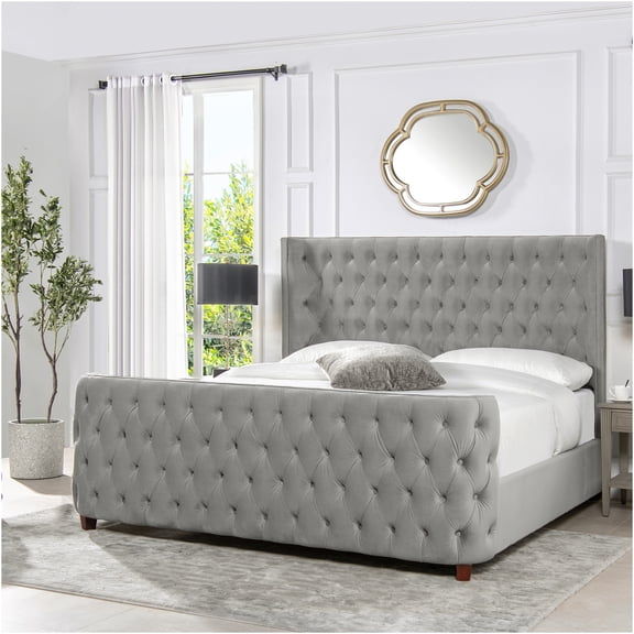 JERFIT Brooklyn King Upholstered Bed Frame Set with Diamond Tufted Headboard, Opal Gray Velvet, for a Luxurious Modern Bedroom
