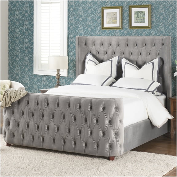 JERFIT Brooklyn Queen Upholstered Bed Frame Set with Diamond Tufted Headboard, Gray Velvet for Luxe Modern Bedroom