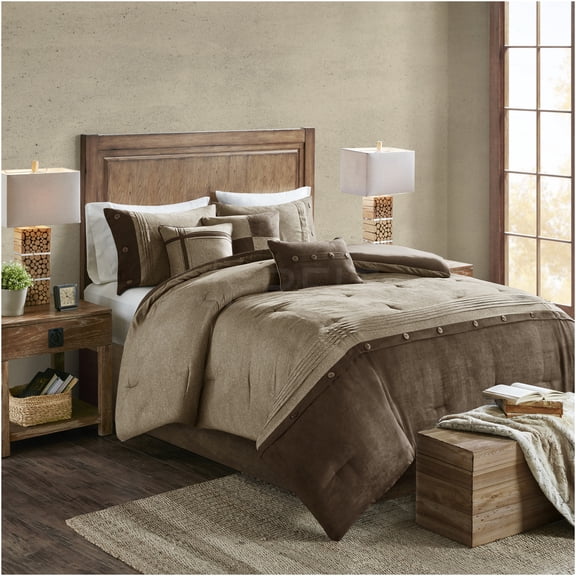 JERFIT Brown California King 7-Piece Microsuede Comforter Set with Bed Skirt & Pillows, Lodge Style Bedding Ensemble