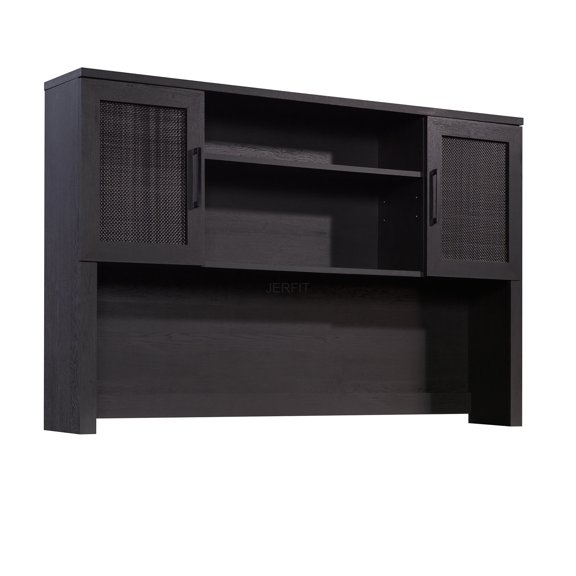JERFIT Brown Coastal Storage Hutch for Desk, Engineered Wood Overhead Organizer with Adjustable Shelves, Rattan Doors & Cable Management