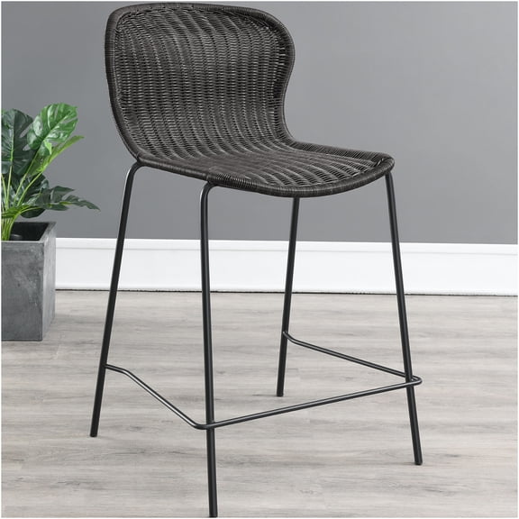 JERFIT Brown Counter Stools Set of 2, Faux Rattan Metal Bar Stools for Kitchen Island, Armless Dining Chairs with Sturdy Frame and Coastal Design