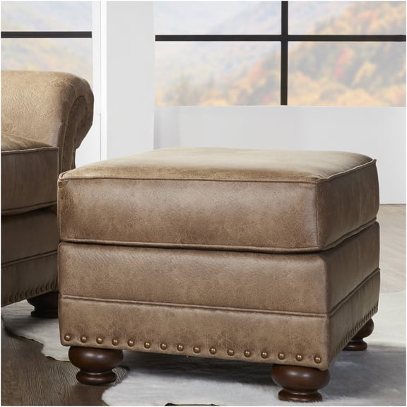 JERFIT Brown Faux Leather Ottoman with Nailhead Trim, Upholstered Storage Footstool Pouf for Living Room