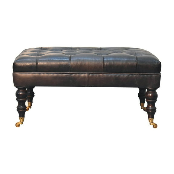 JERFIT Brown Leather Ottoman with Storage, Solid Mango Wood Bench Footstool with Casters