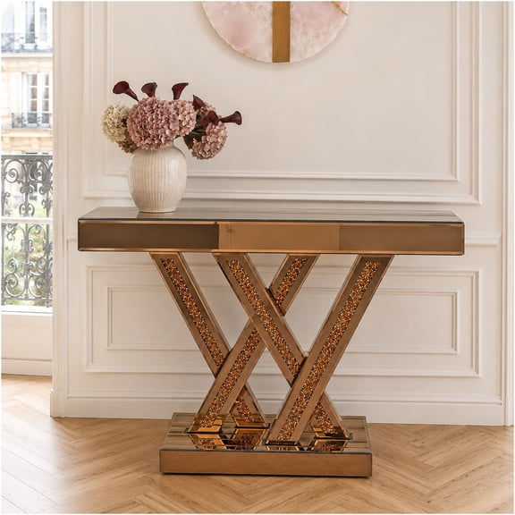 JERFIT Brown Mirrored Console Table with Crushed Diamond Inlay Modern Style for Entryway Hallway and Living Room Decor