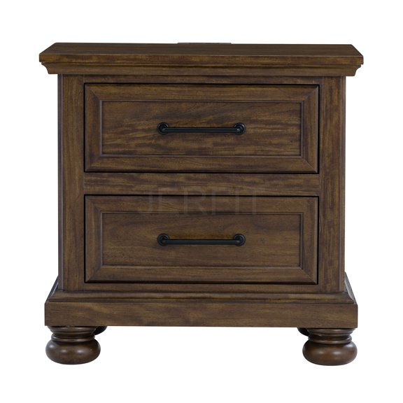 JERFIT Brown Nightstand with USB Charging Station, 2-Drawer Wood Bedside Table with Metal Frame, Traditional Bedroom Furniture