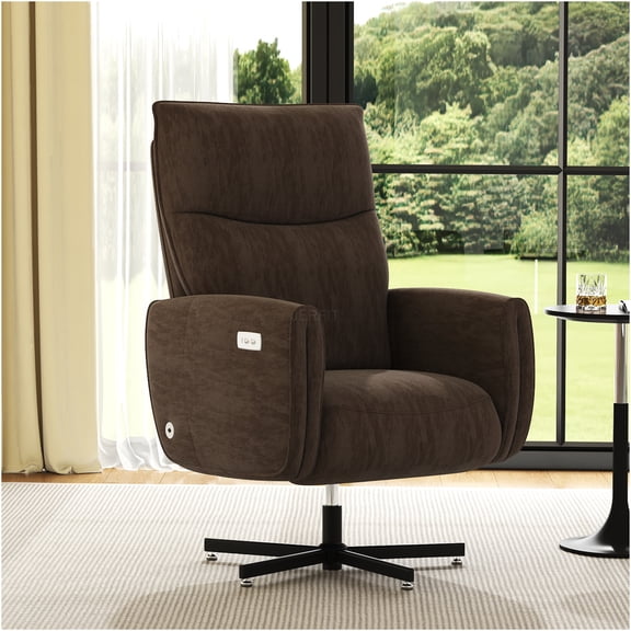 JERFIT Brown Velvet Power Swivel Recliner Chair with USB-C Charging, Electric Reclining Rocking Accent Chair for Living Room, Home Office