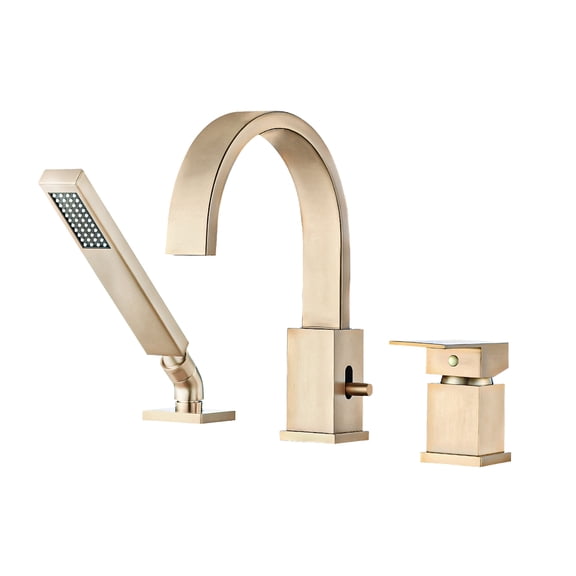 JERFIT Brushed Gold 3-Hole Deck Mount Roman Tub Faucet Set with Waterfall Spout & Handheld Shower, Stainless Steel Bath Filler