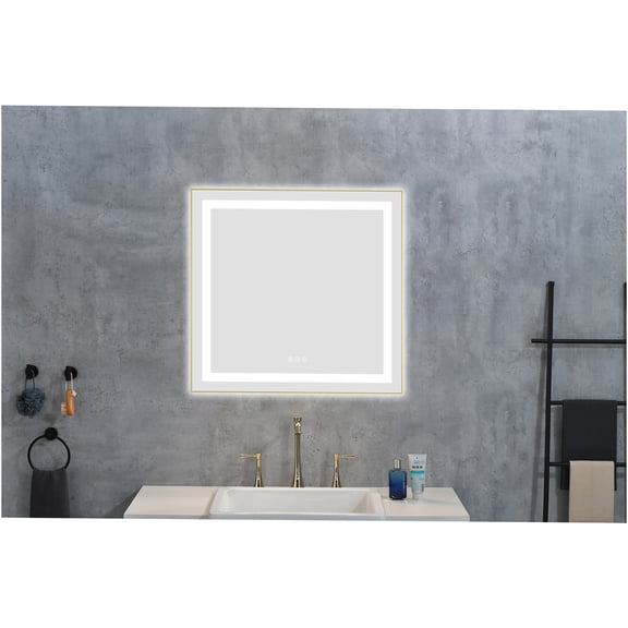 JERFIT Brushed Gold LED Bathroom Mirror with Anti-Fog, Dimmable Backlight, Memory Function, Aluminum Frame for Vanity