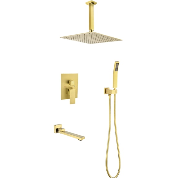 JERFIT Brushed Gold Rainfall Shower Combo Set, 3-Function Shower System with 16 inch Showerhead, Handheld Shower & Tub Spout, Solid Brass Construction