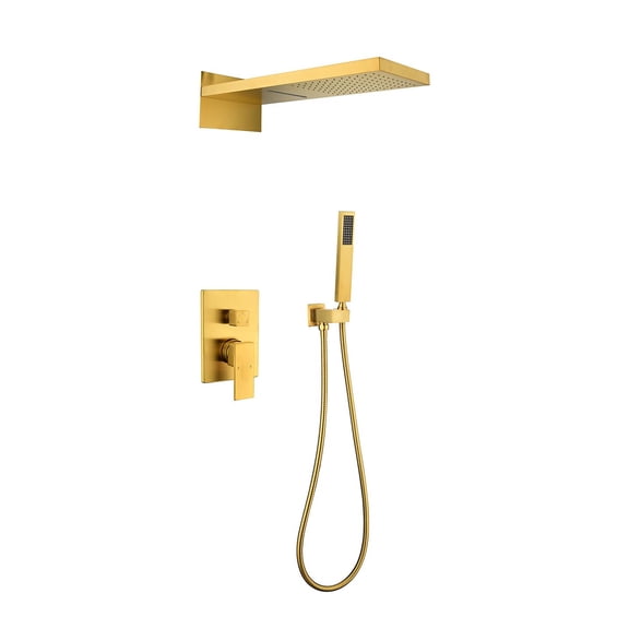JERFIT Brushed Gold Wall Mount Rain Shower System with Handheld, Dual-Function Waterfall Showerhead, 304 Stainless Steel & Solid Brass