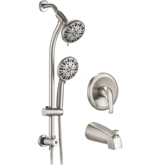JERFIT Brushed Nickel Dual Shower System, 7-Setting Rainfall Shower Head and Handheld Spray with Slide Bar, No-Drill Stainless Steel Spa Combo, Valve Included