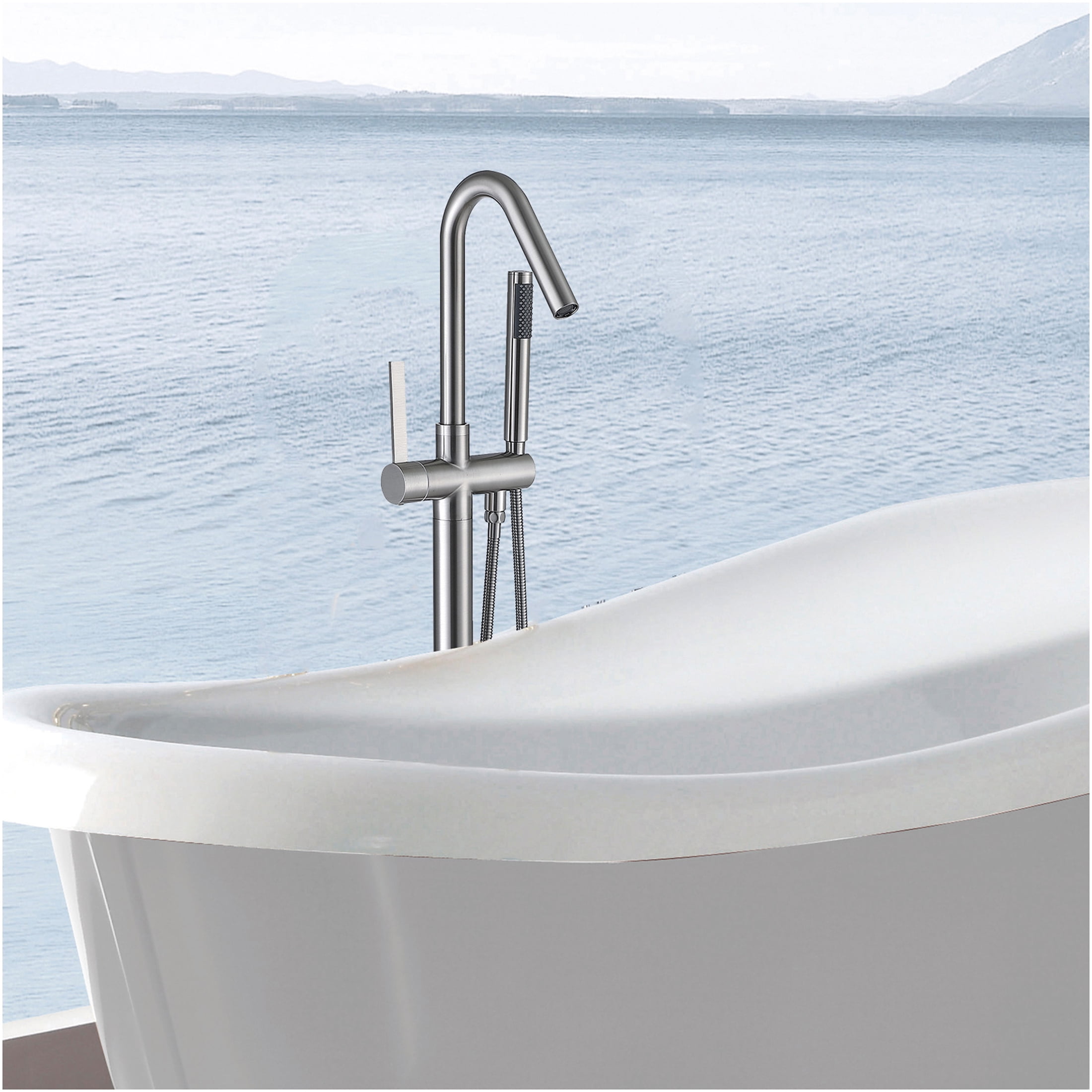 JERFIT Brushed Nickel Freestanding Bathtub Faucet with Hand Shower, 3.9 GPM High Flow Modern Tub Filler