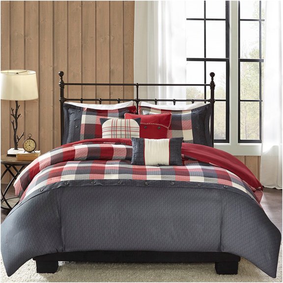 JERFIT Buffalo Plaid King Duvet Cover Set 6PC, Herringbone Weave Bedding Ensemble with 3 Decorative Pillows for Farmhouse Cabin Style