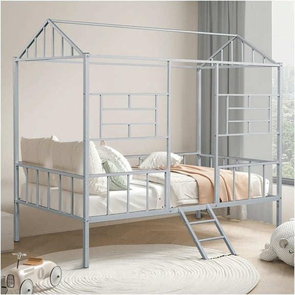 JERFIT Twin Metal Bunk Bed with House Design Frame, Angled Ladder, Space Saving Loft Bed for Modern Bedroom, Silver