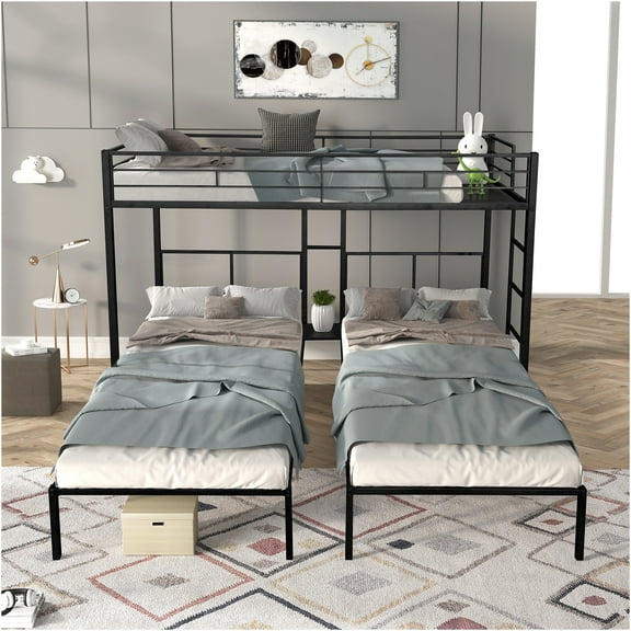 JERFIT Triple Twin Bunk Bed with L-Shape Design, Heavy Duty Steel Frame, Space Saving 3 Person Bunk Bed, No Box Spring Needed, Black