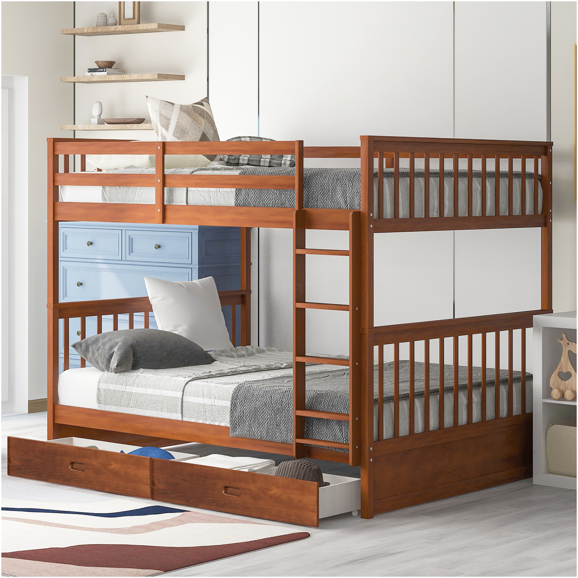JERFIT Bunk Bed with Ladders and Two Storage Drawers (Walnut) - Walmart.com
