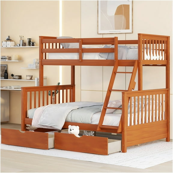 JERFIT Bunk Bed with Ladders and Two Storage Drawers